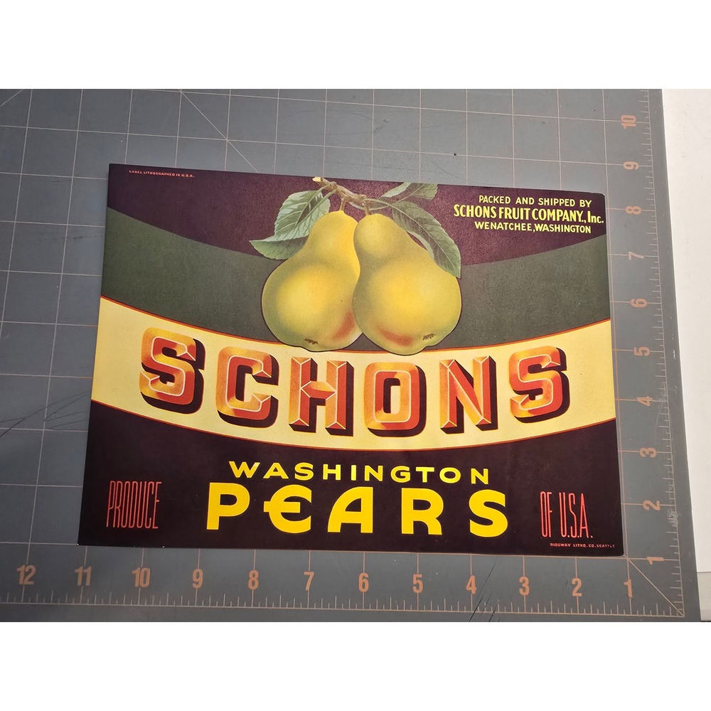 Vintage Schons Washington Pears Produce Fruit Crate Label Fun Craft Wenatchee,WA